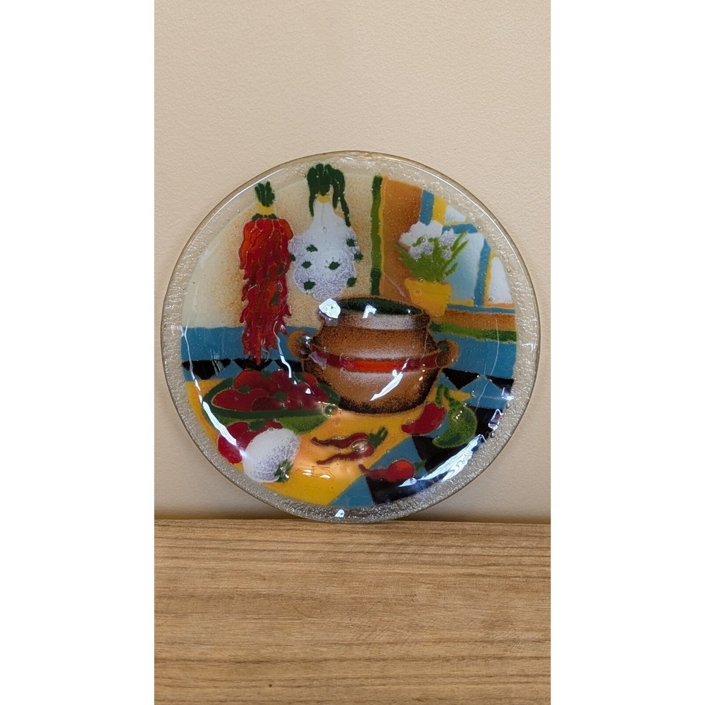 Peggy Karr Southwest Red Chilis Garlic Bowl Fused Art Glass 8.5" Round  SIGNED